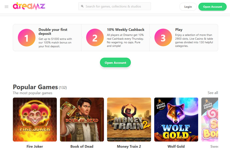 First impression of the Dreamz Casino site.