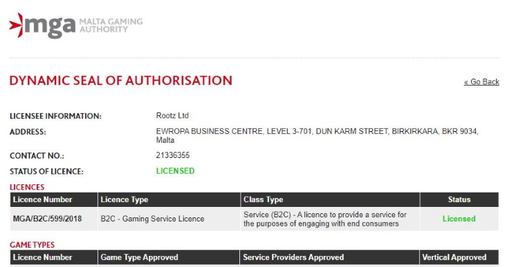 Screenshot: MGA Licence of Rootz Limited